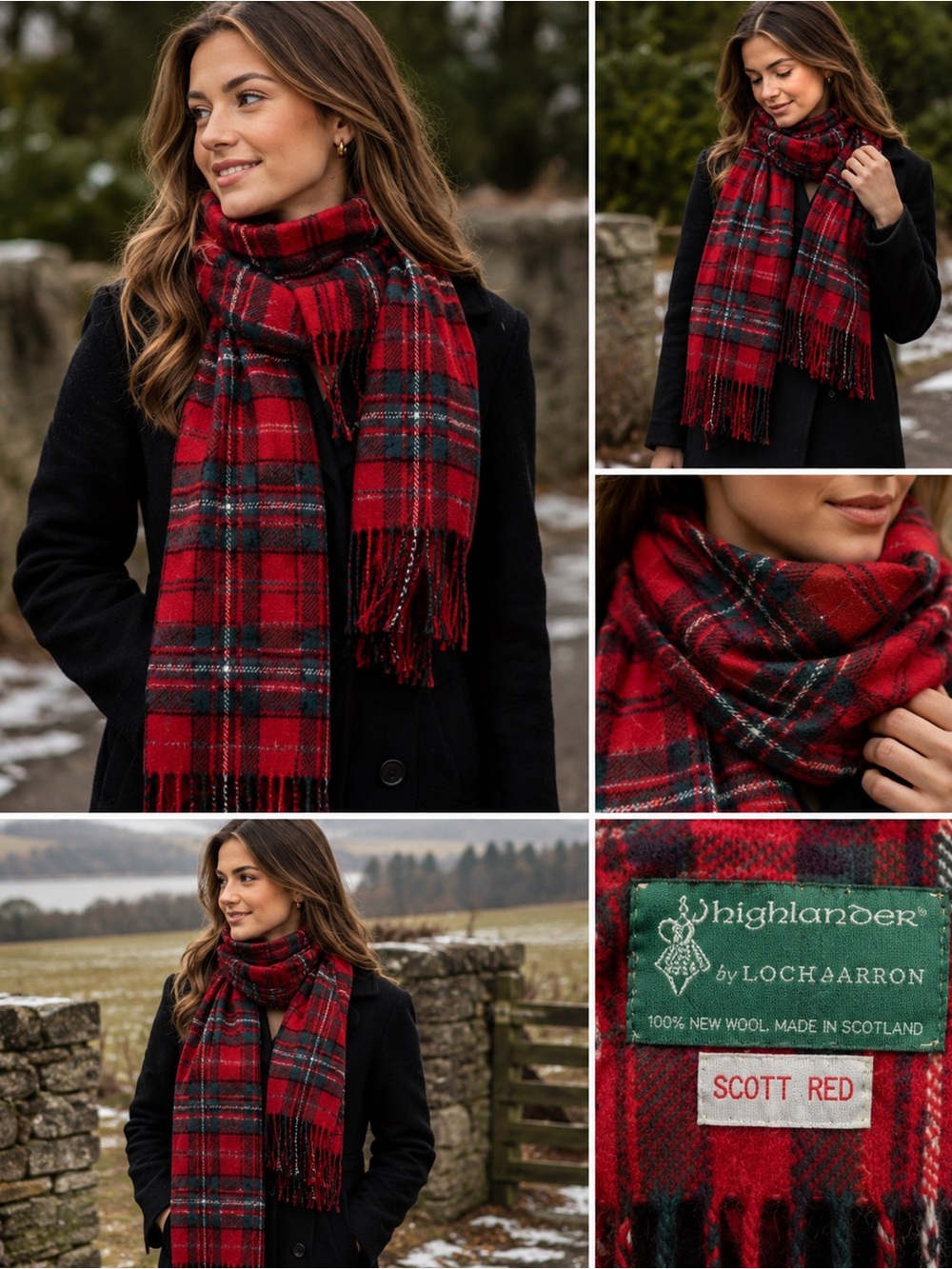 Lochcarron Scotland Wool Tartan Scarf Red Green Plaid Highlander Wrap Fringe